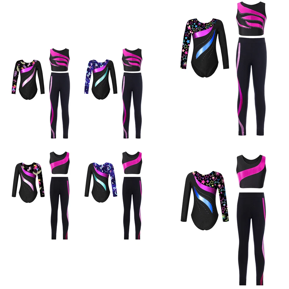 Kids Girls 3Pcs Set Activewear Dancewear Dance Dance Outfits Long Sleeve Team - Image 2 of 3