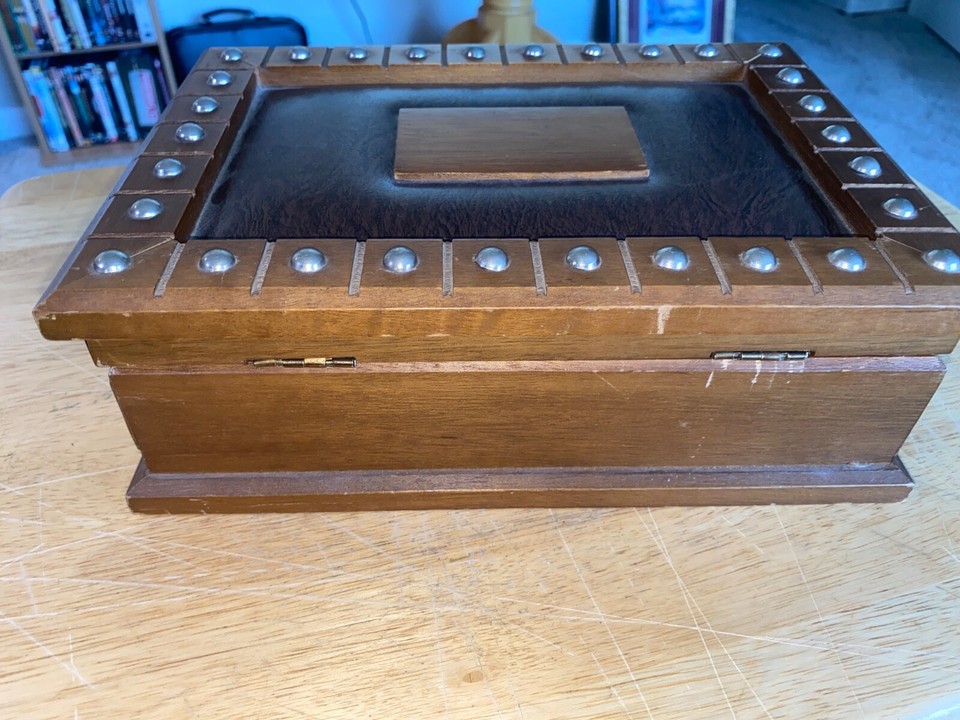 Vtg Wood Jewelry Box Faux Leather Decorative Nails Yellow Velvet