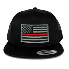 Oversize XXL Thin Red Line USA Flag Patch 5 Panel Flatbill Snapback Mesh Cap