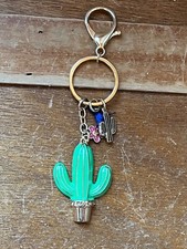 Green Enamel Cactus w Small Charms Goldtone Key Chain Backpack Decoration 2 x