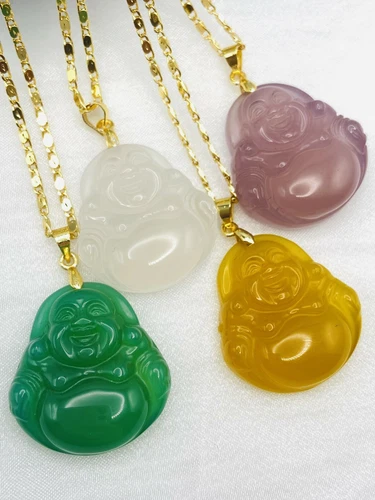 VETEMENTS Collana Ciondolo Buddha Sorridente Giada Calcedonio Con Placcata Oro 18K