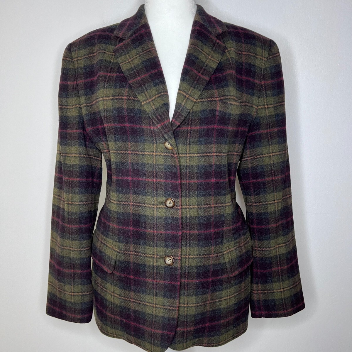 LL Bean Women Blazer 18P Sport Coat Wool Cashmere Plaid Shoulder Pad  Academia