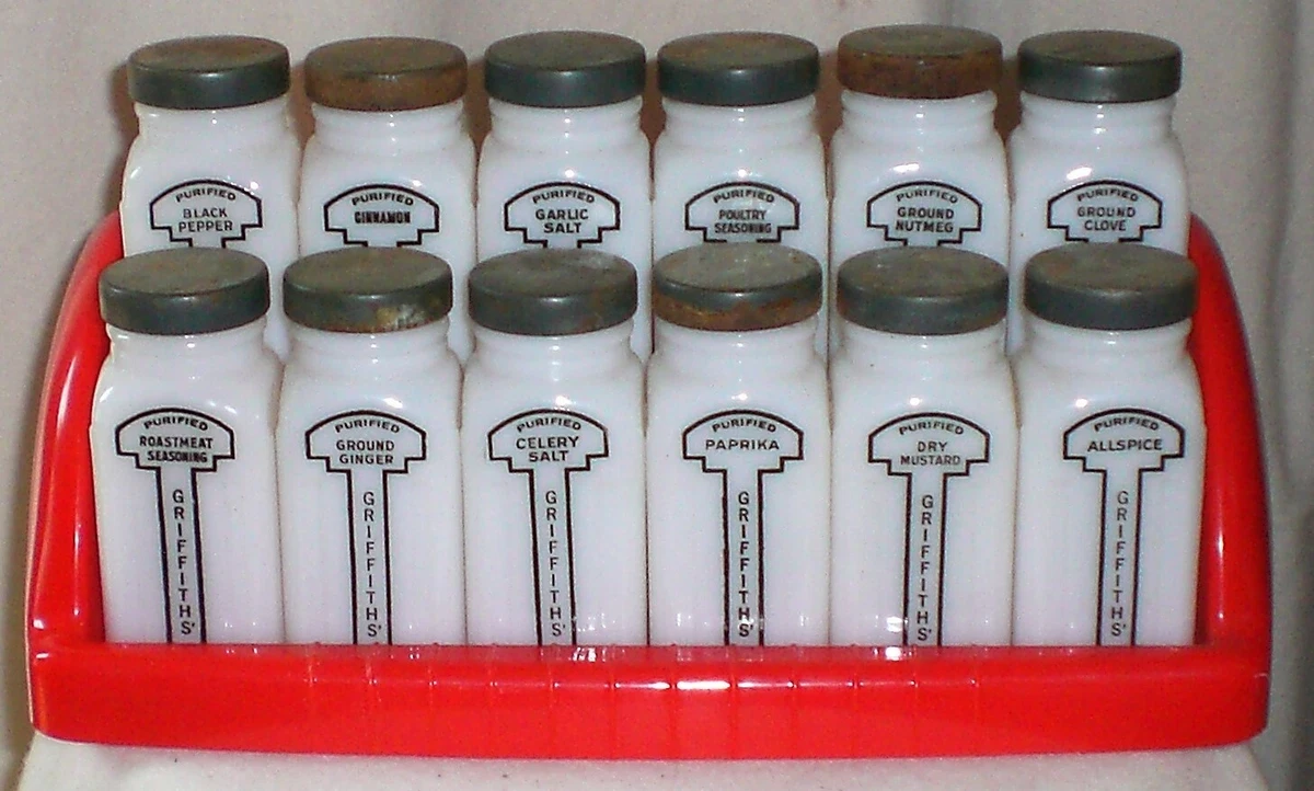 Vintage Griffith’s Milk Glass Spice Jars in Rack- 9