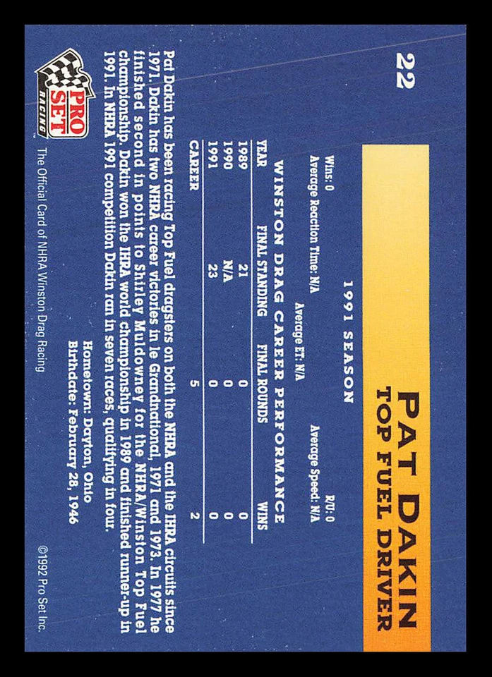 Pat Dakin #22 1992 Pro Set NHRA - Image 2 of 2