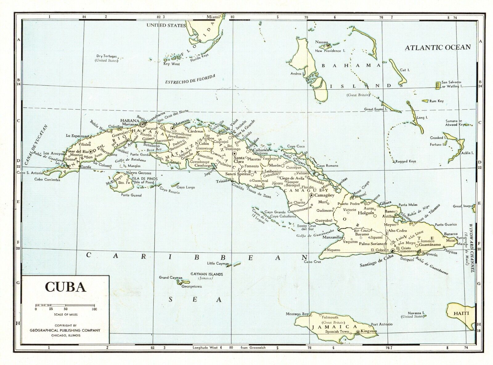 1947 Antique Map of Cuba Map of Jamaica and The Bahamas Vintage Cuba Map 8665