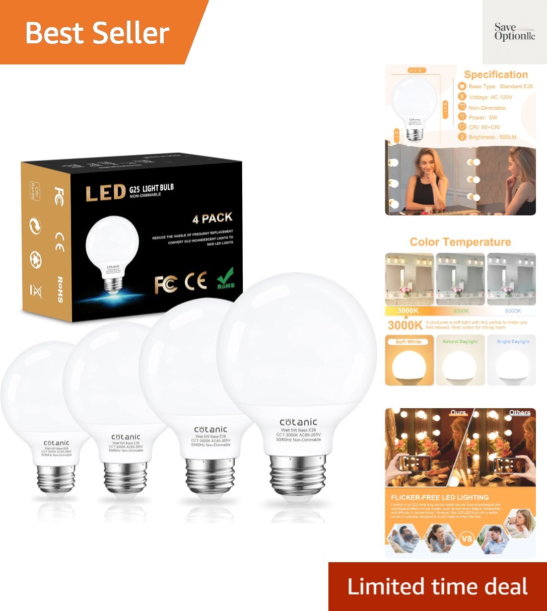Bathroom G25 LED Vanity Light Bulb 3000K Soft White, Globe L