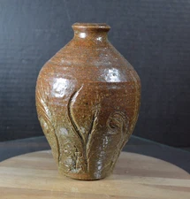 Jug Vase Hand Thrown Carved Signed 7” Green Brown Studio Art Pitcher