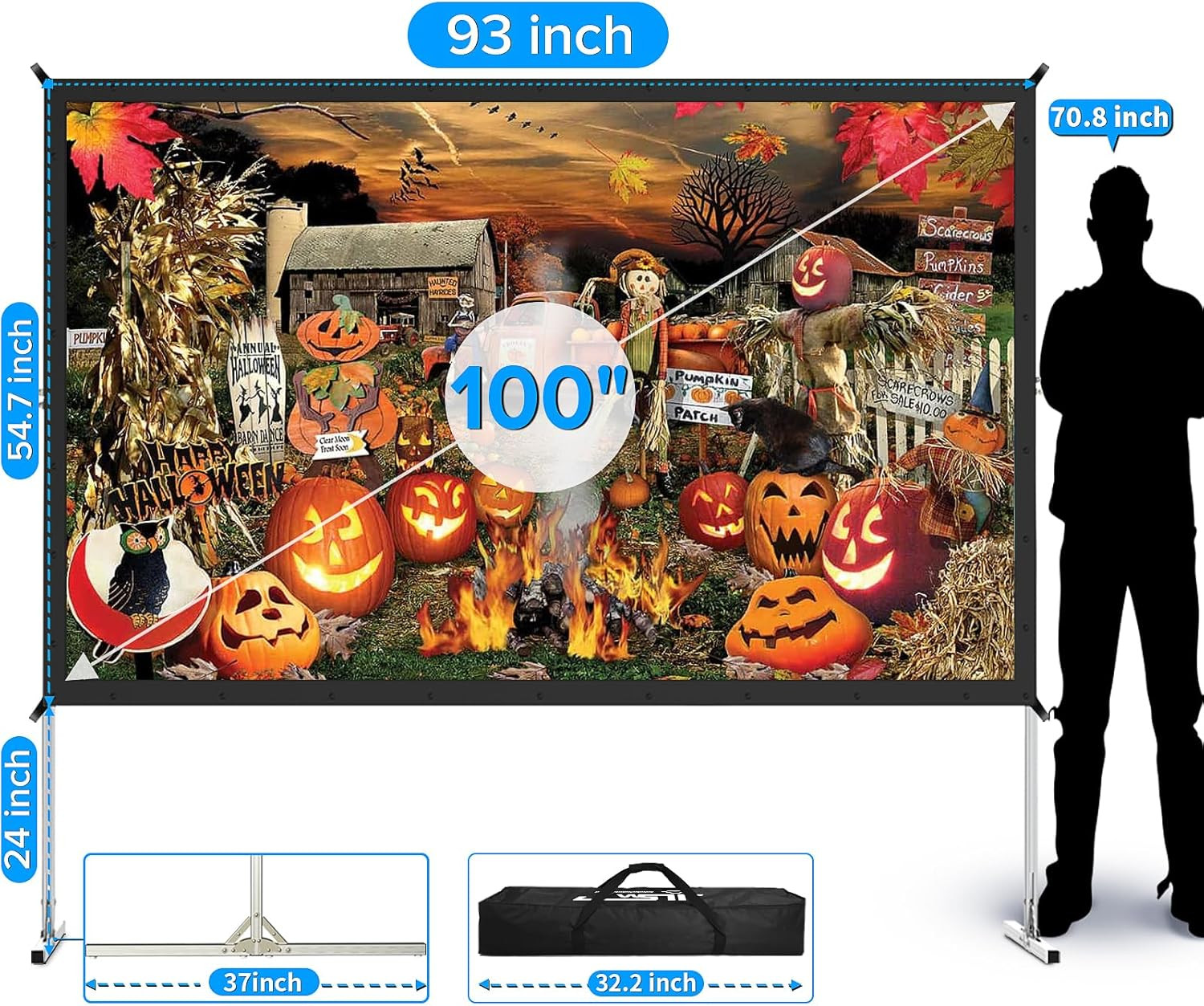 Projector Screen Indoor, 100 Inch Outdoor Movie Screen-Upgraded 3 Layers PVC 16: