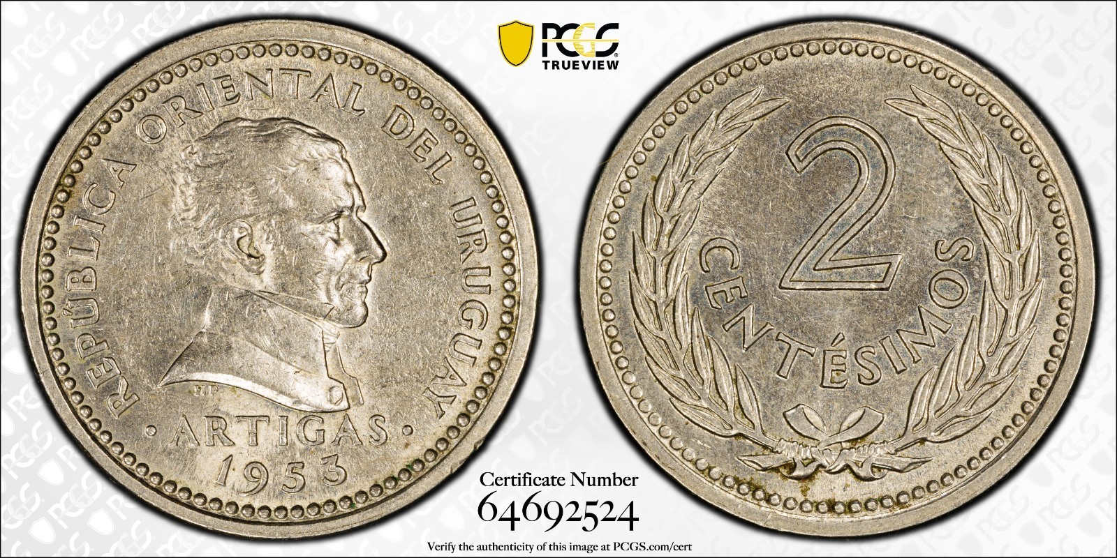 Uruguay 2 Centesimos 1953 PCGS MS 62