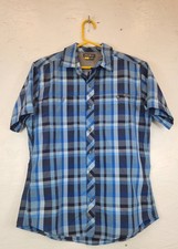 Eddie Bauer Travex Classic Fit Mens Short Sleeve Button Blue Plaid Size Medium