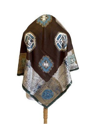 AS# ESPRIT Vintage Silk Scarf Brown Blue Geometric Tribal Print Square Shawl