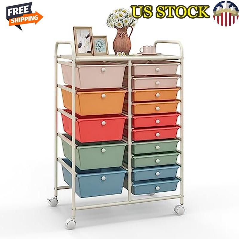 15-Drawer Mobile Storage Cart with Wheels for Home Office or Classroom