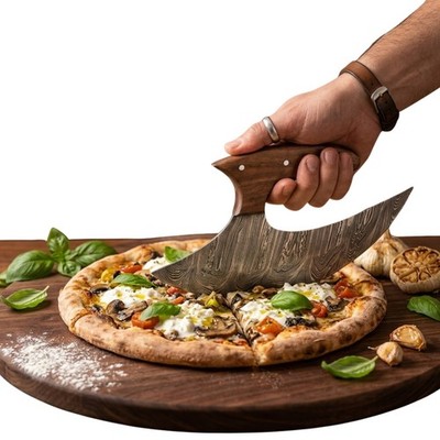 Damascus Steel Ulu Knife Handmade Alaskan Chef Pizza Cutter Wood Handle + Sheath