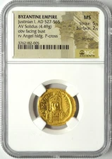 BYZANTINE EMPIRE AD 527-565 JUSTINIAN I AV SOLIDUS(4.49G) NGC ANCIENTS MS