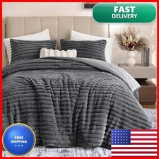 Weigelia Fluffy King Size Comforter Sets, 3 Pieces Soft Faux Fur Bed Set, Dark