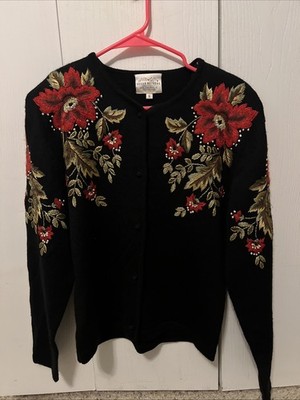 Vintage 1995 Susan Bristol Women's S Hand Embroidered Christmas Sweater Cardigan