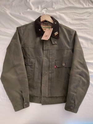 Levi's  X Barbour Type II 2 Waxed Trucker Jacket Size Small Olive Green