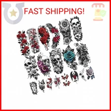 77 Sheets Skull Flower Realistic Temporary Tattoos For Women Men Adult, Large Ro