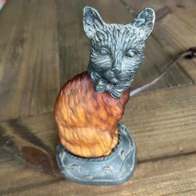 Vintage Tin Chi Amber Art Glass Cat Lamp, Bronze Head & Base Works