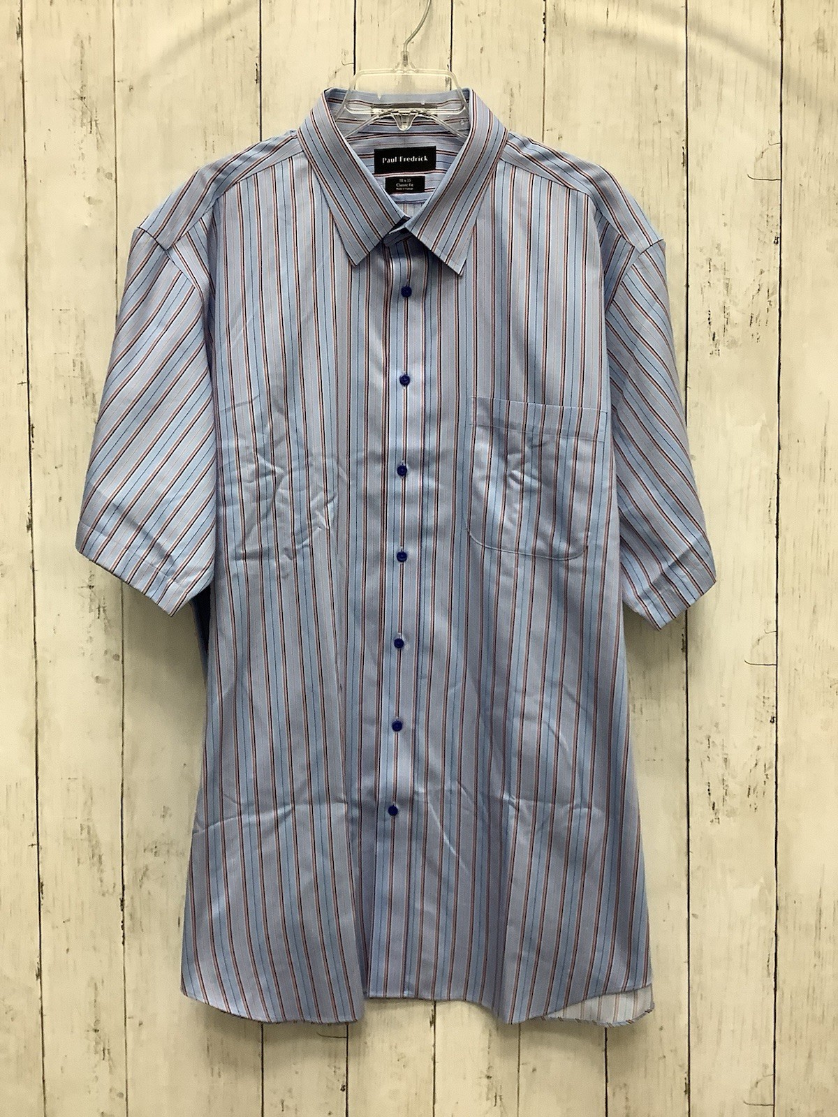 Paul Fredrick Men's Classic Fit Blue & Red Striped Non-Iron Dress Shirt, 18 x 35