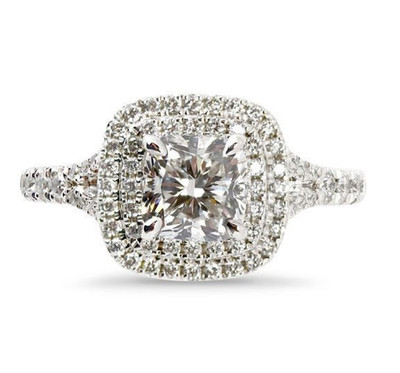 Cushion Cut 7.5MM Moissanite Split Shank Double Halo Engagement Ring 925 Silver