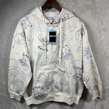 Disney STITCH Jacket NEW Women Large Cream Embroidered Full Zip Hoodie Pockets