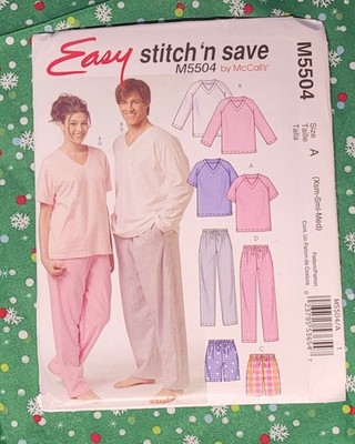 Mc Call's M5504, Uncut Unisex Sleep Top and Pants PJ's Size Xsml-Med Scrubs