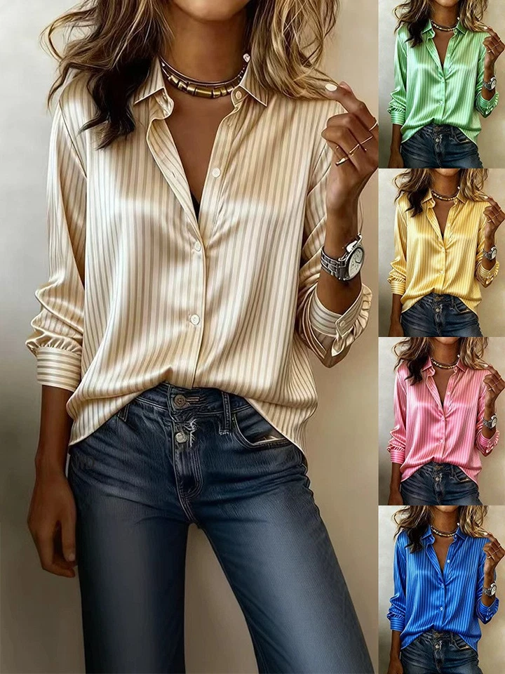 Ladies Satin Striped Shirt Loose Collar Blouse Long Sleeve Casual Fashion Top - Image 3 of 4