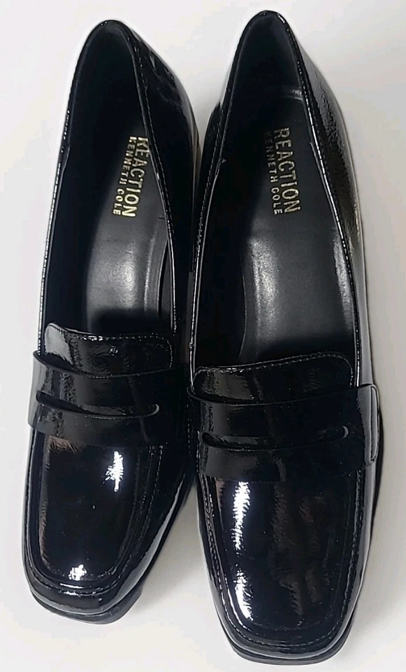 Kenneth Cole Reaction Elsa Negro Charol Bloque Tacón Mocasines 9.5 Zapatos Preppy Foto 3 de 4
