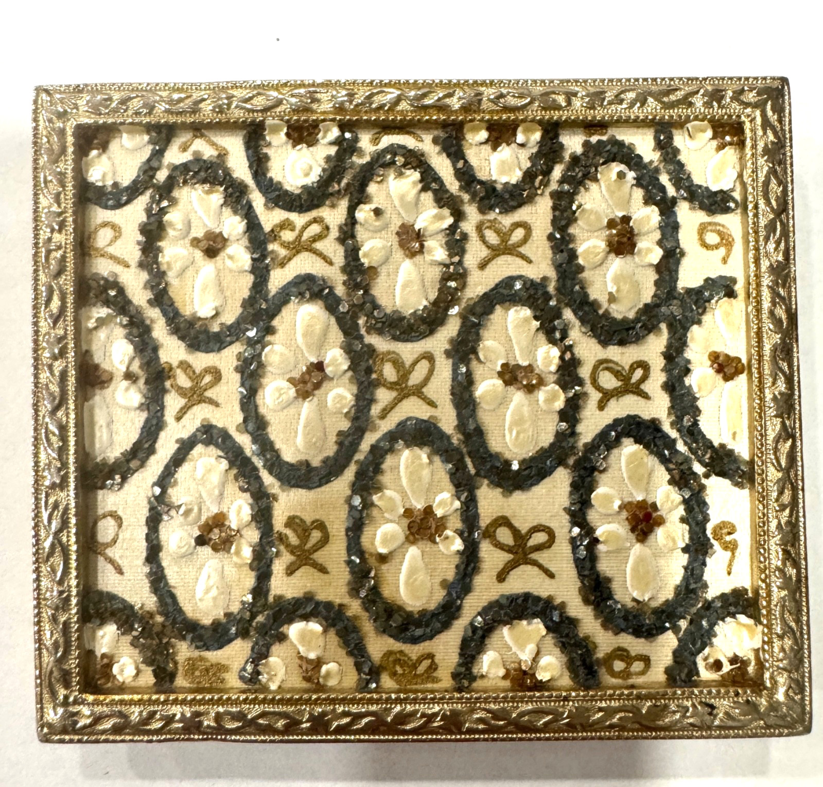 Vintage Blue & Gold Sparkle Floral Compact - Micro Mosaic Style, Heavy Gold Tone