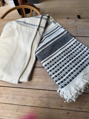 NEU! SECRET LINEN STORE Riesige Elfenbein Blau Streifen Baumwollmischung Decke Überwurf L