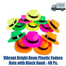 Vibrant Bright Neon Plastic Fedora Hats with Black Band - 48 Pc.