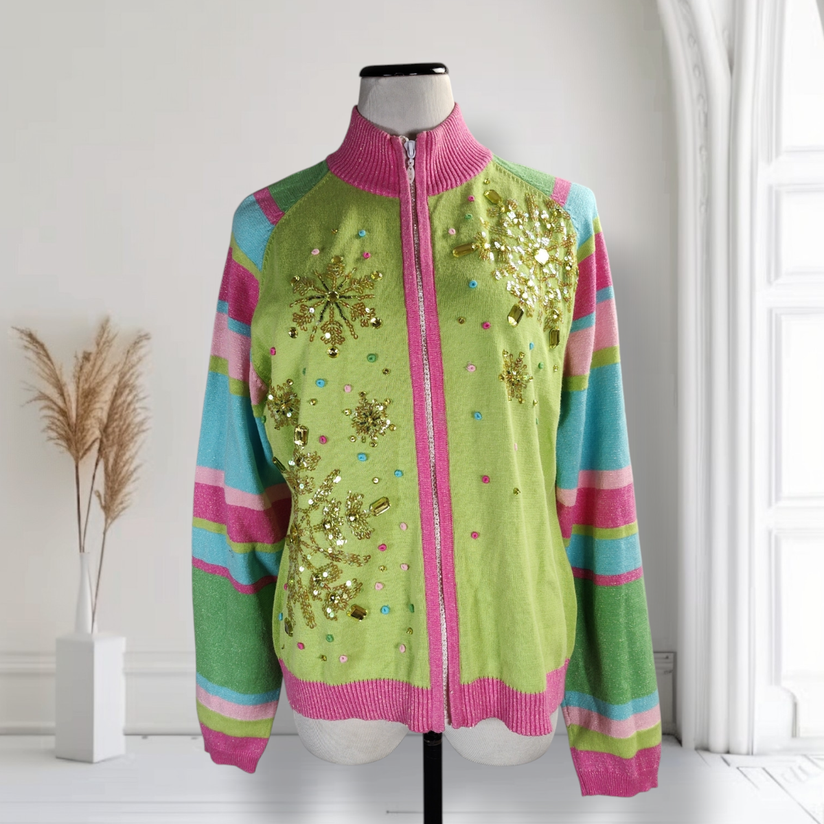 ビキューナ カーディガン 80s 90s Vintage 90s Berek Neon Embellished Christmas Cardigan Size XL Full