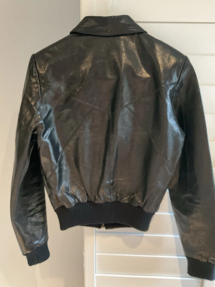 Vintage Black Leather Bomber Jacket Size 10 - Image 2 of 4