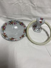 Vintage Porcelain Soap Dish/ Towel Holder Set Flowers Wall Mounted