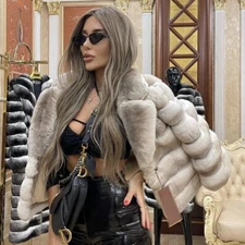 Women's Natural Real Rex Rabbit Fur Coat Short Winter Jacket Chinchilla Print