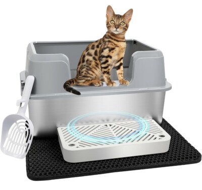 Katzentoilette aus Edelstahl mit Deckel, leicht zu reinigen und geruchshemmend