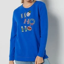 Quacker Factory Size 2X Blue HO HO HO Holiday Saying French Terry Long-Sl Top