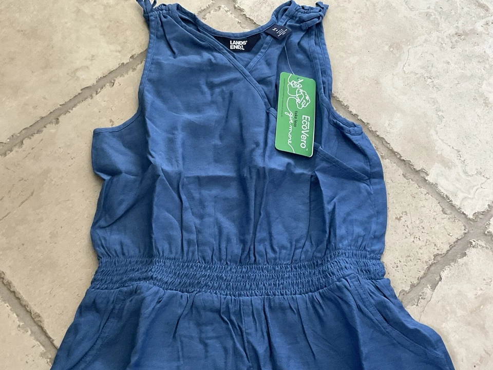 NUEVO Mameluco Lands’ End Azul Cambray Cintura Elástica; Niñas Talla 8 Plus (M) Foto 2 de 4
