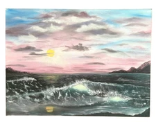 Rosemary Lee 90s Seascape Oil Painting Sunset Waves Coastal Art 18x24" SF CA