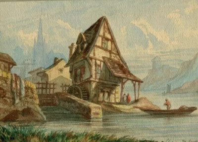 Antique Drawing - Dessin Ancien - Mill Landscape, Mountain, Swiss 1868