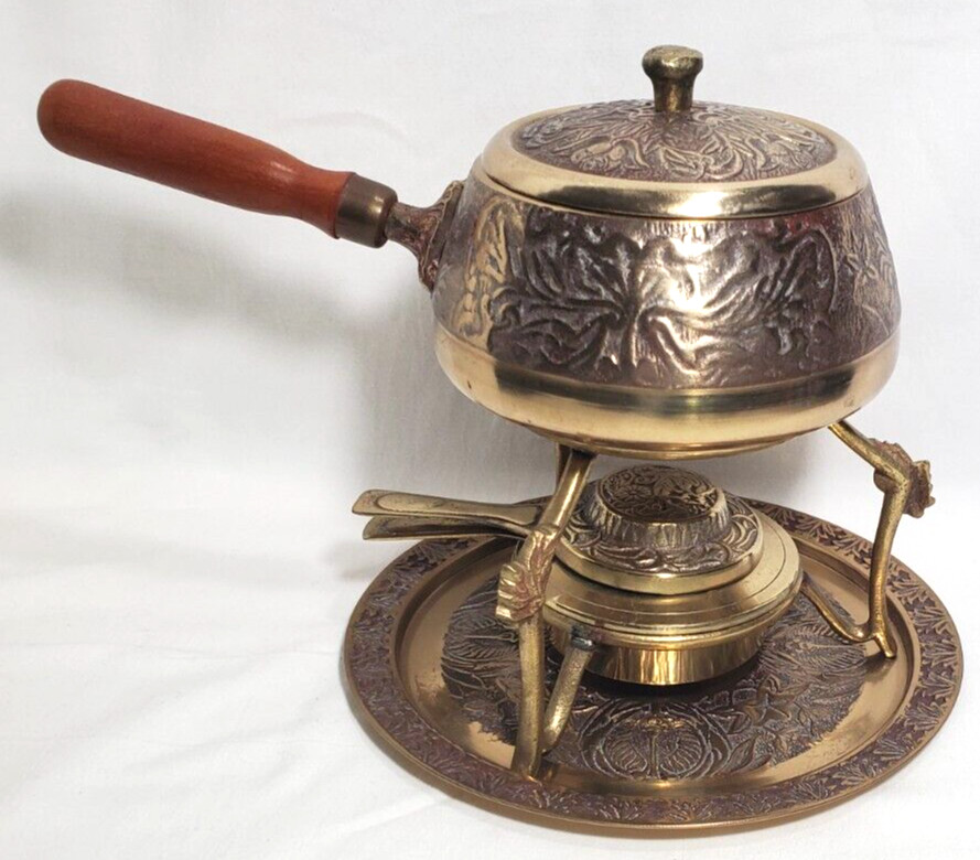 Vintage Brass Korean Fondue Set 6 Piece Floral Pattern