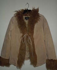 Vintage Express Tan Suede Phoebe Jacket Mongolian Lamb Collar & Cuffs Size Large
