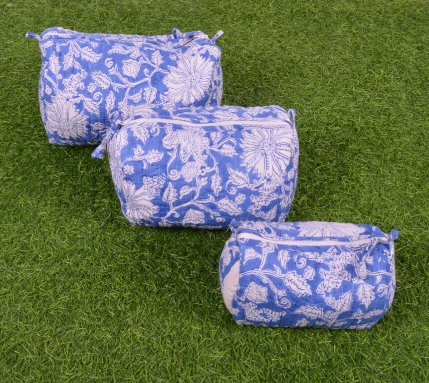 3 PC Set Indian Hand Block Printed Toiletry Bag Unisex Makeup Bags Waterproof