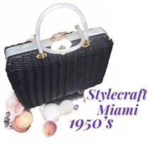 Vintage WICKER NAVY BLUE Pearl Lucite Purse STYLECRAFT Miami 1950s RARE💕BEAUTY
