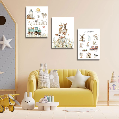 3Pcs Farm Animals Nursery Canvas Wall Art Baby Barnyard Small Animals