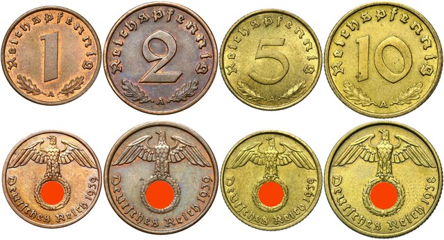Drittes Reich - KONVOLUT - 4 Münzen - 1 2 5 10 Reichspfennig 1936-1940 - LOT Drittes Reich - KONVOLUT - 4 Münzen - 1 2 5 10 Reichspfennig 1936-1940 - LOT