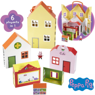 Peppa Pig Peppa's Town Spielset 6 in 1 Set stapelbar & tragen Neu Kinder Weihnachten Spielzeug 3+