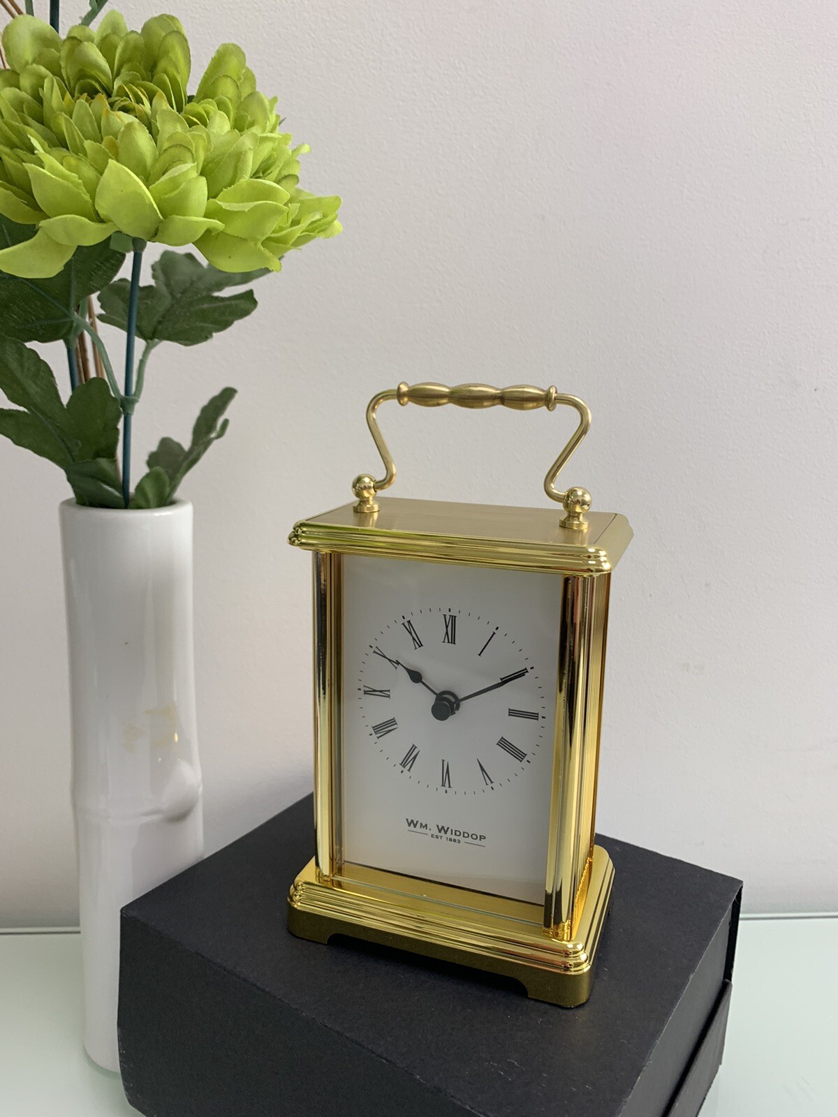 Mantel Clock Gold Carriage Clock by Wm Widdop Brass Effect Roman