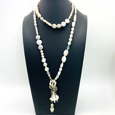 Faux Pearl Necklace Aurora Borealis Beads Silver Tone Rhinestone Accents